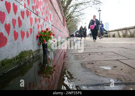 London, UK. 03rd Mar, 2024. Flowers are left at the National Covid Memorial Wall in Westminster in London. Four years ago, on 5 March 2024, a woman in her 70s was confirmed as the first person to die of coronavirus in the UK. Since then, over 237,110 people died from Covid-19. (Photo by Steve Taylor/SOPA Images/Sipa USA) Credit: Sipa USA/Alamy Live News Stock Photo