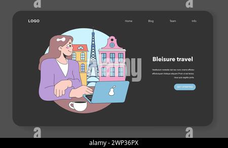 Bleisure travel web banner or landing page night or dark mode set. Business and sightseeing trip. Workation, digital nomad working globally. Leisure and business abroad. Flat vector illustration Stock Vector