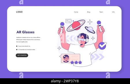 Wearable technology web banner or landing page. Smart device. Character using electronic device to monitor, analyze and transmit personal data. Smartglasses. Flat vector illustration Stock Vector