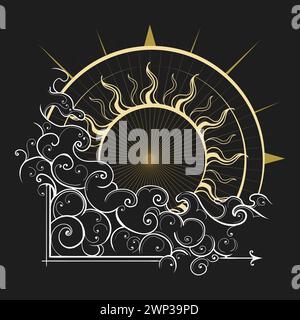 Ancient Heliocentric astrological emblem of Sun and clouds isolated on black background Vector illustration. No AI was used. Stock Vector