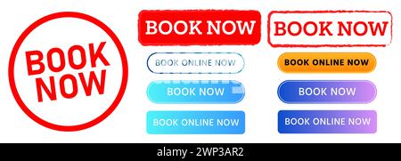book now rectangle red stamp and button website modern online for order reserve Stock Vector