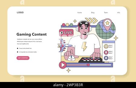 Gaming Content concept. Gamer streaming live, engaging with online community, esports events. Interactive digital entertainment. Flat vector illustration Stock Vector