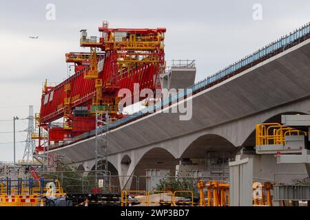 Harefield, UK. 4th March, 2024. HS2 have been carrying out urgent remedial works inside the newly built High Speed Rail 2 Colne Valley Viaduct in Harefield, London Borough of Hillingdon. The huge orange bridge building machine, Dominique, called a launching girder is now due to start moving over the Grand Union Canal in Harefield. HS2 have partially closed the towpath by the Grand Union and those living on barges at the Harefield Marina have been stopped by HS2 from passing the HS2 works on the canal for a number of weeks and HS2 are refusing  to let any boats pass the works for safety reasons Stock Photo