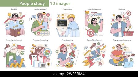Lifelong learning and skill development set. Diverse people engaged in education from soft skills to musical talent. Flat vector illustration. Stock Vector