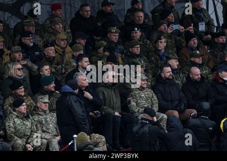 Korzeniewo, Pomorskie, Poland on March 5, 2024. President of Poland, Andrzej Duda and the President of Lithuania, Gitanas Nausėda (secend raw, middle) watch as servicemen present river transfer of tanks and armored vehicles via Vistula river during NATO's Dragon-24 exercise, a part of large scale Steadfast Defender-24 exercise. The exercises, which take place mainly in Central Europe, involve some 90,000 troops from all NATO countries as well as Sweden. The aim of Steadfast Defender-24 is to deter and present defensive abilities in the face of aggression. Credit: Dominika Zarzycka/Alamy Live N Stock Photo