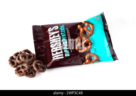 A bag of Hershey's Dipped Pretzels.  Bite-sized salted pretzels dipped in plain & milk chocolate. Stock Photo