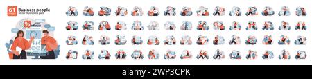Business dynamics set. Diverse team engaging in various corporate activities, from data analysis to creative brainstorming and strategy planning. Flat vector illustration pack. Stock Vector