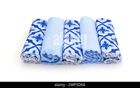 Set of folded blue terry napkins isolated on white. Stock Photo