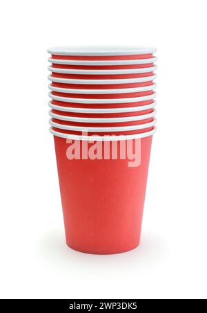Several new paper red disposable glasses isolated on white. Stock Photo