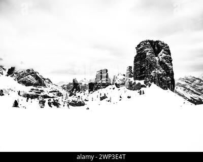 This winter image is of Cinque Torri towers, giant sized Dolomite boulders located near the Alpine resort town of Cortina D' Ampezzo Stock Photo