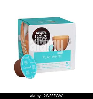 Box of Nescafe Dolce Gusto Flat White Coffee Pods isolated on white Stock Photo