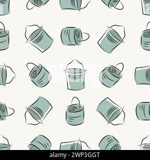 Vector retro hand drawn seamless pattern background of cleaning buckets. Blue white backdrop of watering tools. Spring clean chores elements in Stock Vector