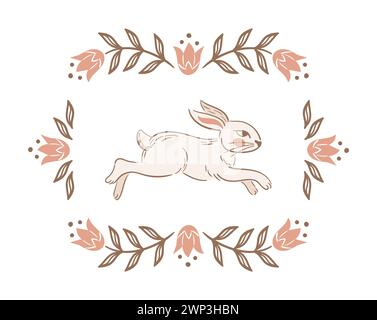 Running Easter bunny. Vintage Blooming tulips, rectangular frame. Stylized retro illustration. Boho, rustic style. For posters, postcards, banners, de Stock Vector