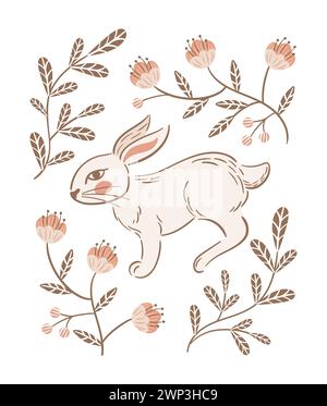 Easter bunny. Vintage Blooming cherry, bearberry. Stylized retro illustration. Boho, rustic style. For posters, postcards, banners, design elements Sl Stock Vector