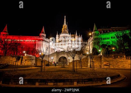 Fisherman's Bastion illuminated with colored light on March 15 Stock Photo