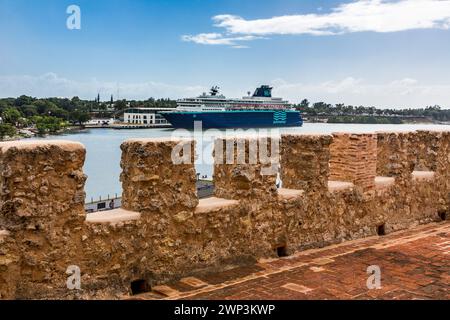A cruise ship from the Pullmantur cruise liine docked at the Sans Souci Terminal in the Port of Santo Domingo.  Viewed from the walls of the historic Stock Photo