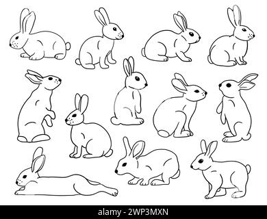 Rabbit silhouettes set, large pack of vector silhouette design, isolated white background Stock Vector