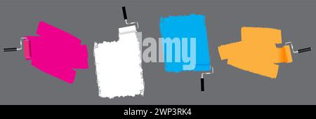 Roller paints the wall.  Pink, white, blue, orange paints. Colored sign. Dark backdrop. Vector illustration. Stock image. EPS 10. Stock Vector