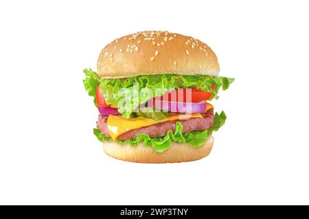 Burger or hamburger with patty of ground beef meat, cheese, lettuce, tomato, onion,  pickles and bun with sesame seeds. Tasty colorful sandwich isolat Stock Photo
