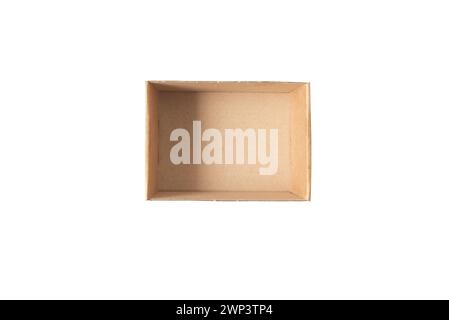 Brown recycled cardboard box isolated on white. Open gift box. Rectangular empty paper container top view. Stock Photo