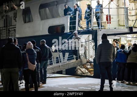 Crotone, Italy. 04th Mar, 2024. A migrant seen before disembarking. The rescue ship Humanity 1 of the German NGO SOS Humanity arrived in the port of Crotone with 77 migrants, mainly from Bangladesh and Pakistan, rescued from three fiberglass boats in international waters, on Saturday 2 March 2024. Reportedly, during the rescue operations, the crew and the people were threatened by the Libyan Coast Guard. (Photo by Valeria Ferraro/SOPA Images/Sipa USA) Credit: Sipa USA/Alamy Live News Stock Photo