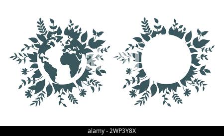 Planet Earth and a circular frame adorned with green leaves. Stock Vector