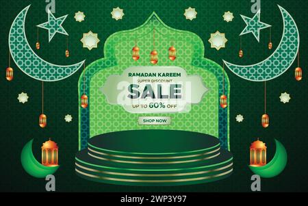 Ramadan Kareem Super Sale Web Banner Background with Podium for Display of product. Islamic Ramadan Big Sale Promotion Special Offer Banner Template Stock Vector