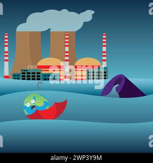 Earth globe floating on polluted water in a red umbrella Stock Vector