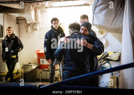 Crotone, Italy. 04th Mar, 2024. A migrant seen on board. The rescue ...