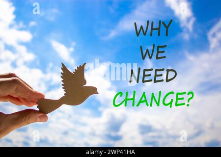 Why we need change symbol. Concept words Why we need change. Beautiful blue sky cloud background. Voter hand with wooden bird. Business and why we nee Stock Photo