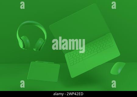 Aluminum laptop with graphic tablet, mouse, headphones and phone isolated on monochrome background. 3D render concept of creative designer equipment a Stock Photo