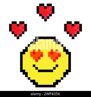 pixel smiley hearts. Love symbol. Pixel art. Red heart. Happy face. Cute character logo. Vector illustration. stock image. EPS 10. Stock Vector