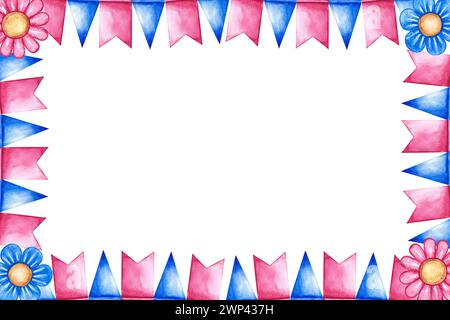 A frame of festive garlands of flags. Pink and blue. Decorative elements of holidays and parties. Handmade watercolor illustration. Isolate her. For t Stock Photo