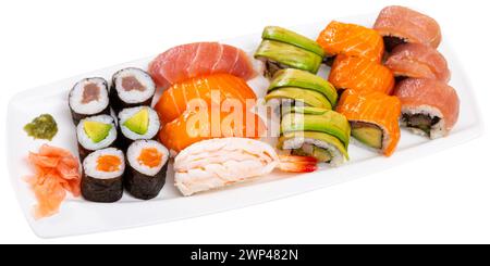 On table there portion set with maki - uramaki and nigiri Stock Photo