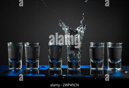 Alcoholic shots of vodka or strong drink in small glasses. A piece of ice falls into a glass, creating a splash. Copy space. Stock Photo