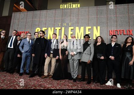 Cast members attend the premiere of the Netflix series The Gentlemen at the Theatre Royal Drury Lane, London. Picture date: Tuesday March 5, 2024. Stock Photo