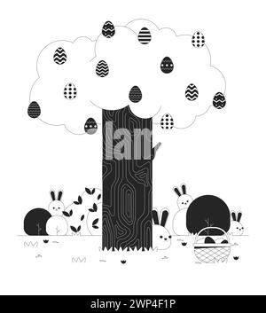 Easter bunnies tree springtime black and white cartoon flat illustration Stock Vector