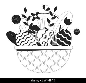 Wildflowers Easter eggs wicker basket black and white 2D line cartoon object Stock Vector