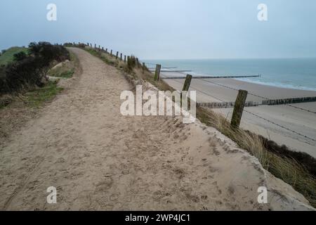 A sandy path winds through the dunes on a calm, cloudy day by the sea Stock Photo