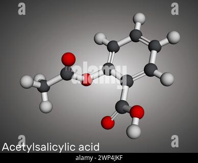 Acetylsalicylic acid, aspirin, ASA molecule. It is salicylate, analgesic and antipyretic drug. Molecular model. 3D rendering. Illustration Stock Photo