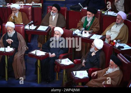 Tehran, Iran. 5th Mar, 2024. Former Iranian President HASSAN ROUHANI (C) attends Iran's Assembly of Experts biannual meeting in the old Iranian Parliament building in Tehran. The Assembly of Experts, also translated as the Assembly of Experts of the Leadership or as the Council of Experts, is the deliberative body empowered to appoint the Supreme Leader of Iran. (Credit Image: © Rouzbeh Fouladi/ZUMA Press Wire) EDITORIAL USAGE ONLY! Not for Commercial USAGE! Stock Photo