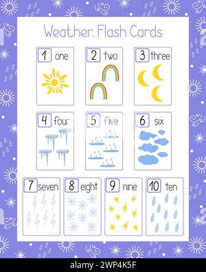 Weather flash cards number learning printable, educational English worksheet for kids, nursery, kindergarten, pre-school, leisure activity game, teacher resources, flat vector illustration Stock Vector