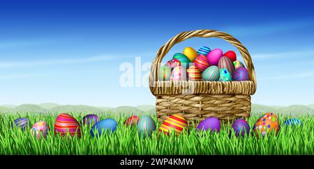 Easter Egg Basket background as a festive celebration for collecting decorated eggs as a March spring season concept on green grass and a blue sky. Stock Photo