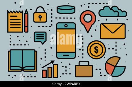 Flat simple business icon set. Modern symbol interface collection and web digital object finance. Process future innovation management and analysis ec Stock Vector