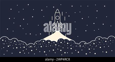 Rocket takes off vector line art. Illustration spaceship and graphic space shuttle. Outline futuristic cartoon startup astronaut and success future ga Stock Vector