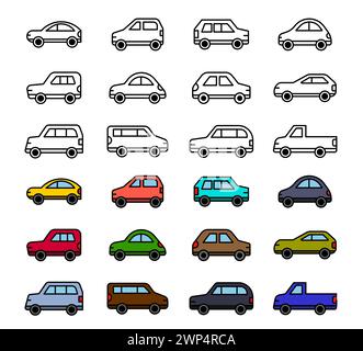 Vector line icon set simple car. Outline symbol auto and transportation pictogram. Simplicity vehicle transport and electricity automobile industry. C Stock Vector