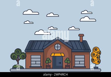 Illustration home building vector line art. House architecture outline and design concept construction apartment graphic. Exterior drawing real estate Stock Vector