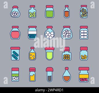 Vector line icon pills in bottle set. Medicine outline symbol and vitamin tablet. Pharmacy drug in bottle and disease antibiotic does. Healthcare and Stock Vector