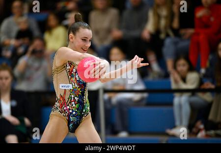 World champion Darja Varfolomeev (GER), action, ball, rhythmic gymnastics, RSG, Schmiden International 2024, Fellbach, Baden-Wuerttemberg, Germany Stock Photo