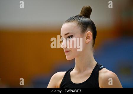 World champion Darja Varfolomeev (GER), portrait, rhythmic gymnastics, RSG, Schmiden International 2024, Fellbach, Baden-Wuerttemberg, Germany Stock Photo